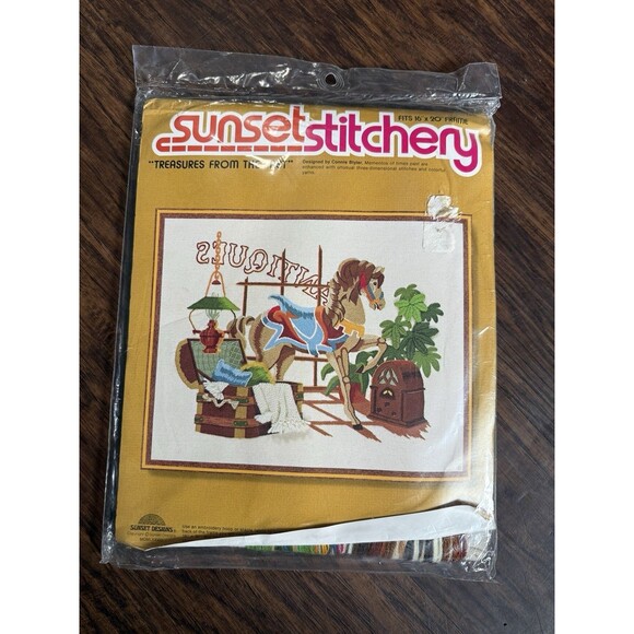 Sunset Stitchery Treasures From The Past Antiques Horse Trunk 16x20 2691 Vtg NOD - Picture 1 of 2